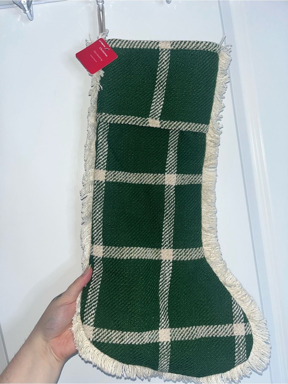 At Home NWT Holiday Seasonal Festive Fringe HandWoven Plaid Check Cozy Stocking